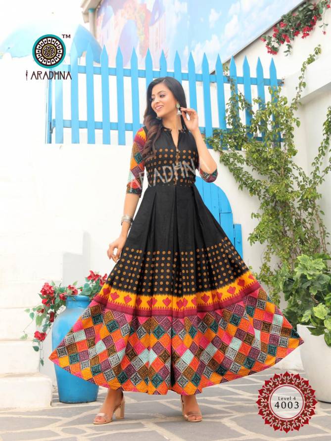 Aradhana Level 4 Latest Fancy  Printed Style Long Casual Wear Anarakali  Flair Pure Cotton Designer Kurti  Collection 


